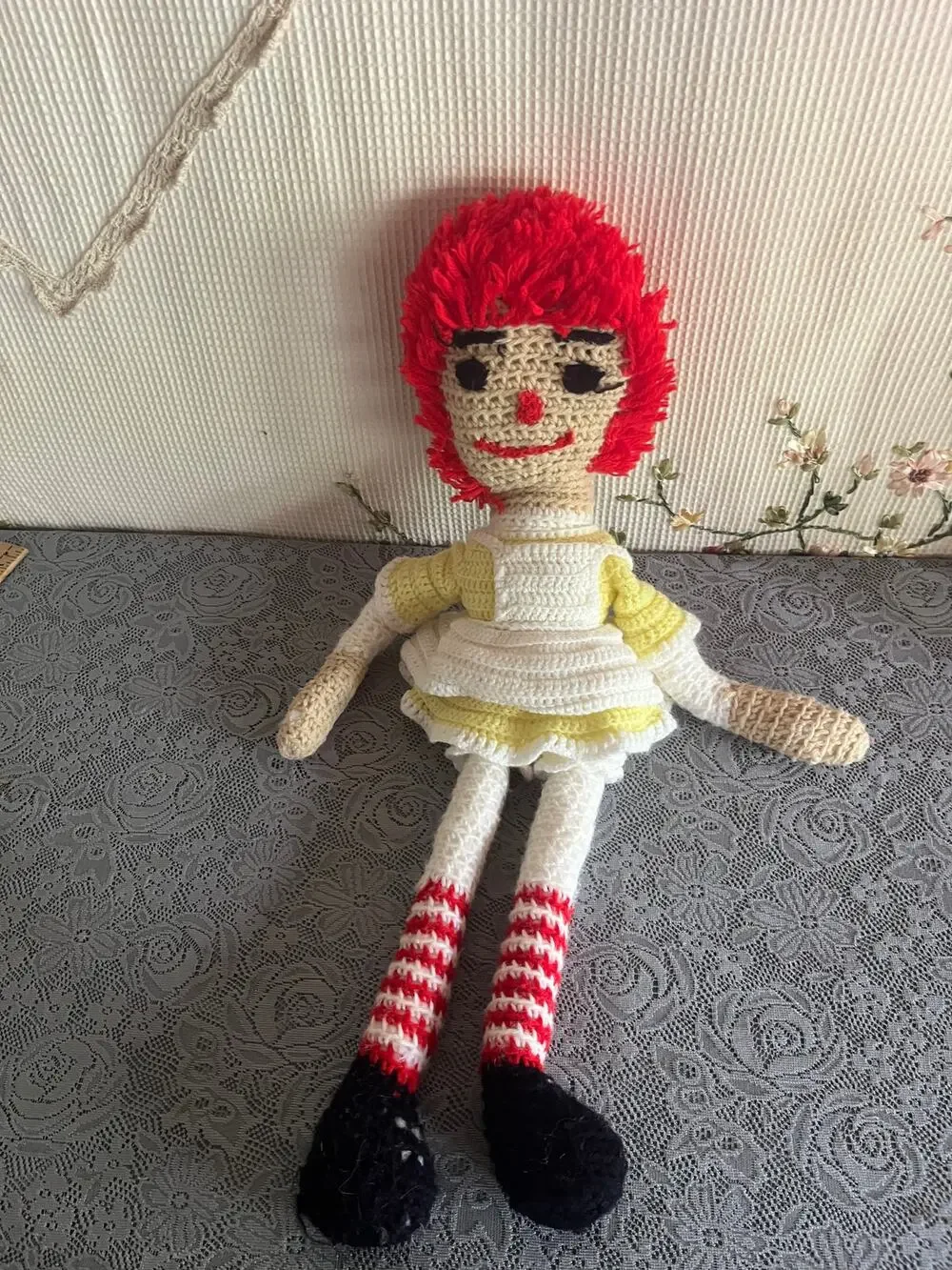 Handmade Crochet Raggedy Ann Style Doll Red Yarn Hair Yellow Dress About 22 In